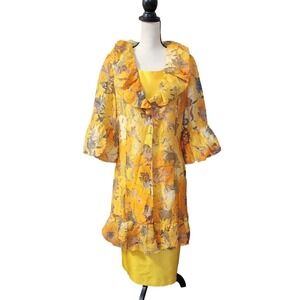 Ashro Colorful Fall Artsy 2pc Satin Midi Dress Ruffle Sheer Jacket Size 14